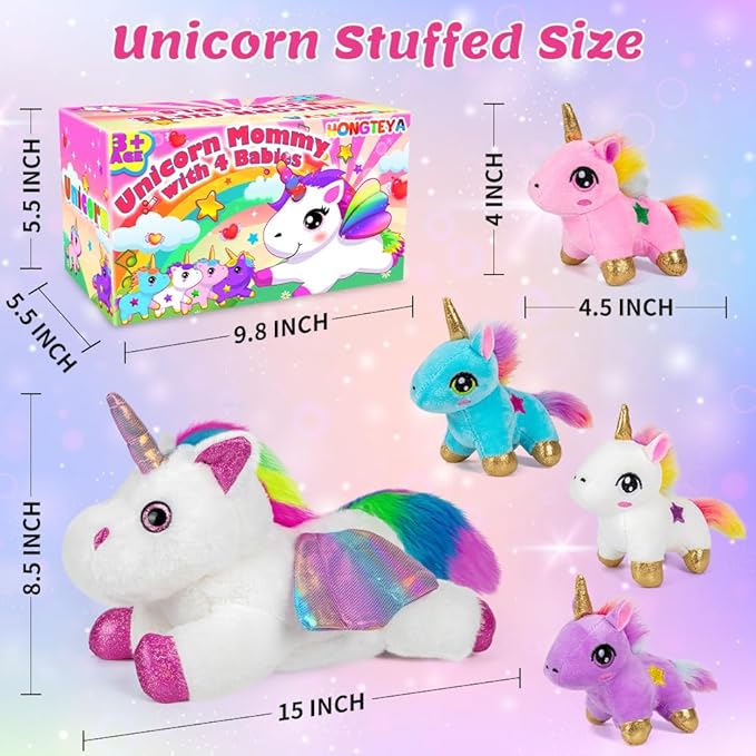 HONGTEYA Unicorn Stuffed Animals Toys, Unicorn Mommy Stuffed Animal with 4 Baby Unicorns in Her Tummy 3 4 5 6 7 8