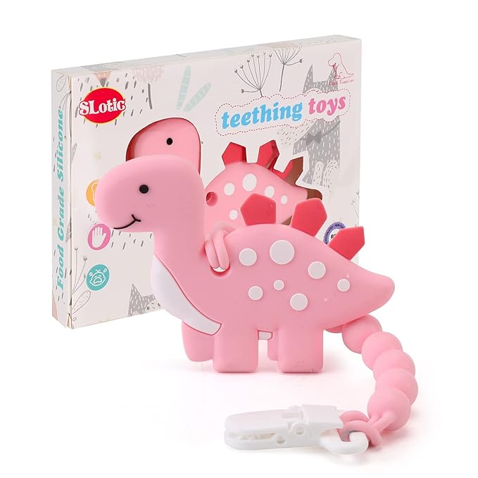 Baby Teething Toys for Babies 3-6 6-12 Months, Dinosaur Teether Pain Relief Toy with One Piece Design Pacifier Clip Holder Set