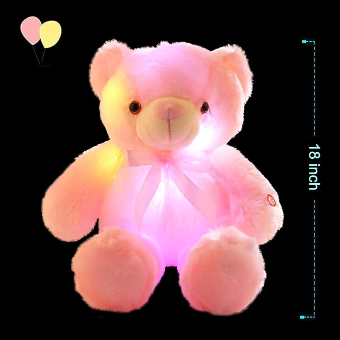 LED Teddy Bears Stuffed Animals, Cute Glow Bear Plush Toys Creative Colorful Luminous Light Up Doll Gifts for Bedroom (Pink,18 inch)