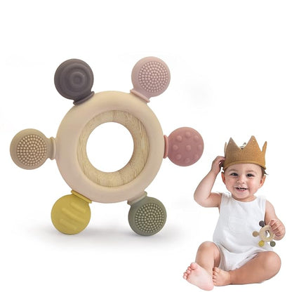 Baby Teething Toys Silicone Chewable Teethers BPA Free Silicone Rudder 0-24 Months (Beige,6 Directions)