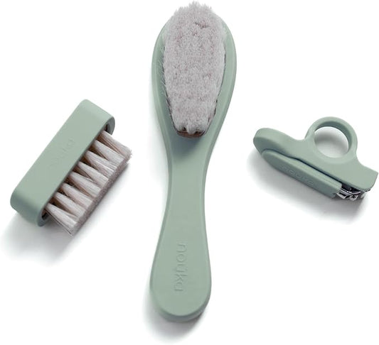 nouka Baby Care Kit Set | Ultra-Soft Natural Bristle Hair Brush, Nail Clippers & Nail Brush | Wood with Silicone Sleeve | Leaf