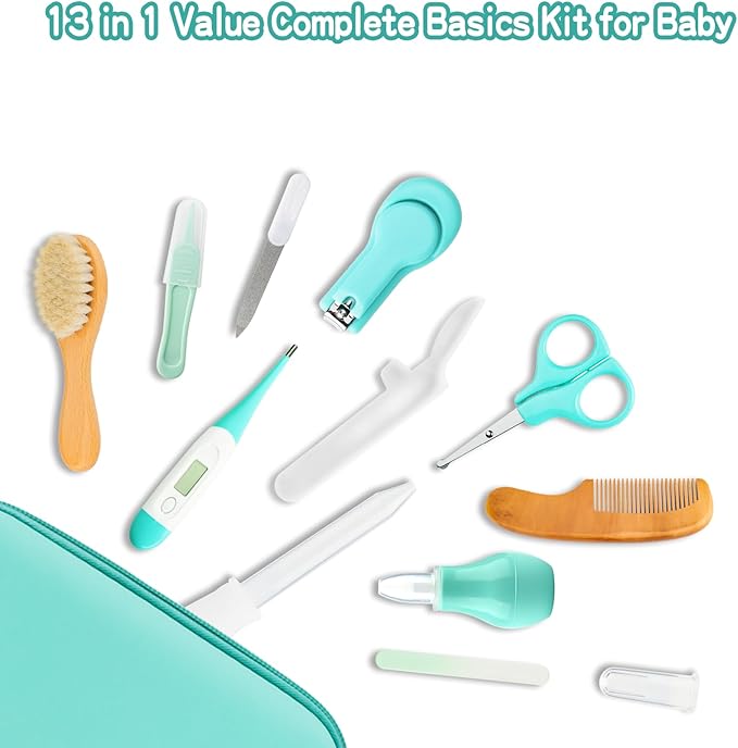 Baby Grooming Kit, Infant Safety Care Set with Hair Brush Comb Nail Clipper Nasal Aspirator,Baby Essentials Kit for Newborn Girls Boys (13 Pc Green Kit)