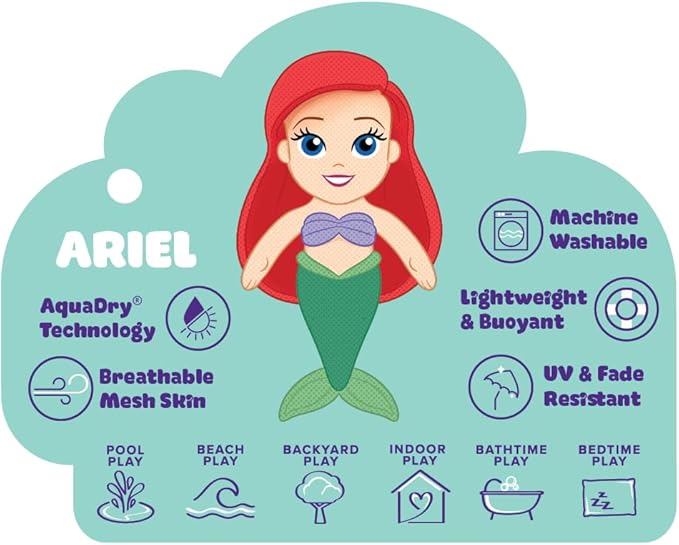 Wahu Aqua Pals Disney Classic Ariel Plush Water Toy for Kids Ages 2+, Fast-Drying Waterproof Plush Doll Toy for Pool and Bathtub 26"