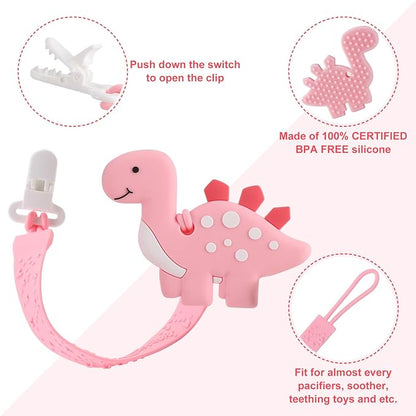 Baby Teething Toys, Dinosaur Teether Pain Relief Toy with One Piece Design Pacifier Clip Holder Set for Newborn Babies