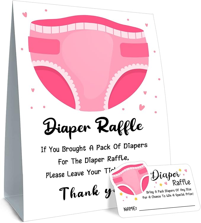 Diaper Raffle Baby Shower Game - Pink Diapers Insert Ticket -girl Baby Shower Game (1 Sign 50 Cards)