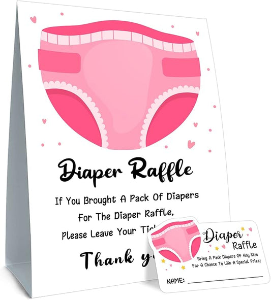 Diaper Raffle Baby Shower Game - Pink Diapers Insert Ticket -girl Baby Shower Game (1 Sign 50 Cards)