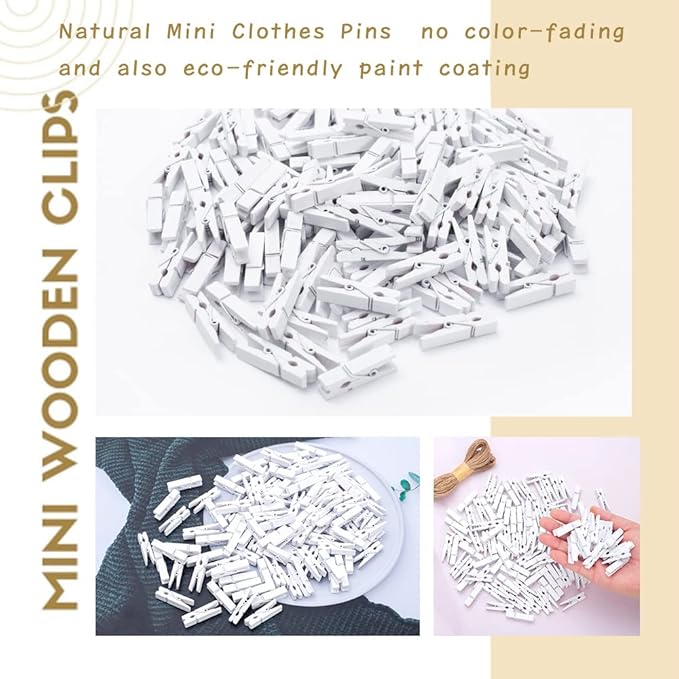 260Pcs White Mini Clothes Pins for Photos, Small Clothes Pins with Jute Twine