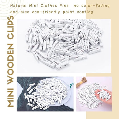 260Pcs White Mini Clothes Pins for Photos, Small Clothes Pins with Jute Twine
