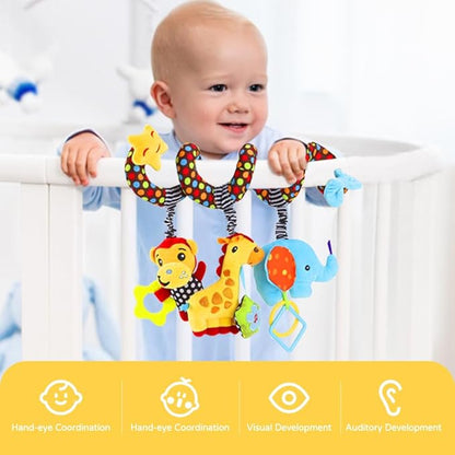 Car Seat Toys, Stroller Toy Baby Spiral Hanging Toys for Sensory Exploration, 0-12 Months Newborn Toys for Car Seat Stroller Crib Bassinet Mobile with Music Box BB Squeaker Rattles