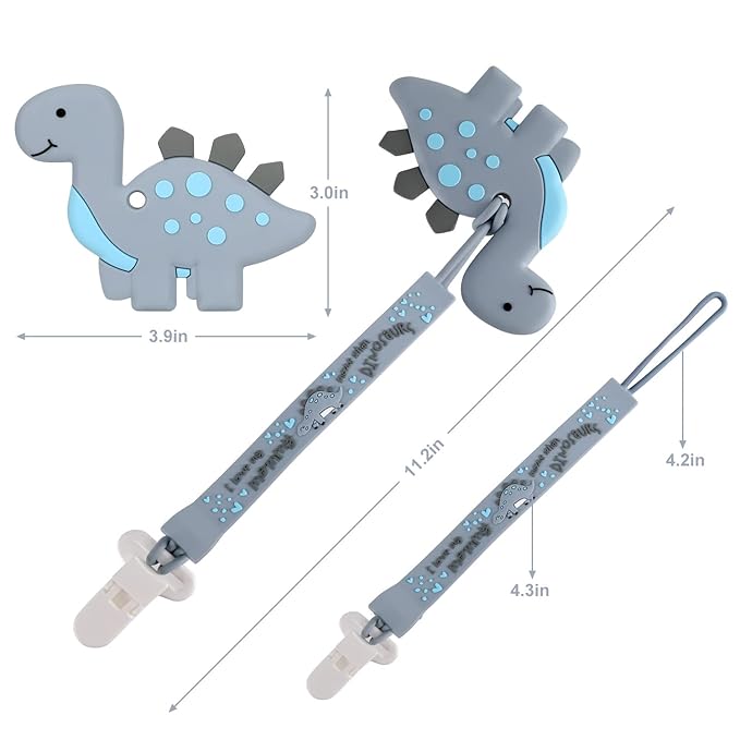 Baby Teething Toys, Dinosaur Teether Pain Relief Toy with One Piece Design Silicone Pacifier Clip Holder Set for Newborn Babies