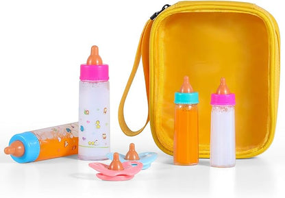 Magic Disappearing Milk and Juice Bottles with Pacifiers for Baby Doll Accessories,6 Pieces Pretend Play Feeding Toy Set 4 Bottles 2 Pacifiers