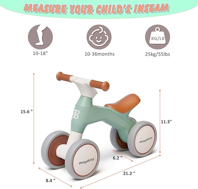 Maydolly Baby Balance Bike, Toddler Balance Bike for 1 Year Old Boys Girls 4 Wheels 10-36 Month
