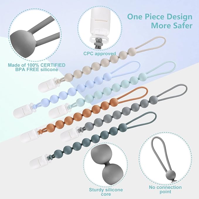 6-Pack Silicone Pacifier Clips for Baby Boys and Girls - One-Piece Beads, Rust-Free Holders