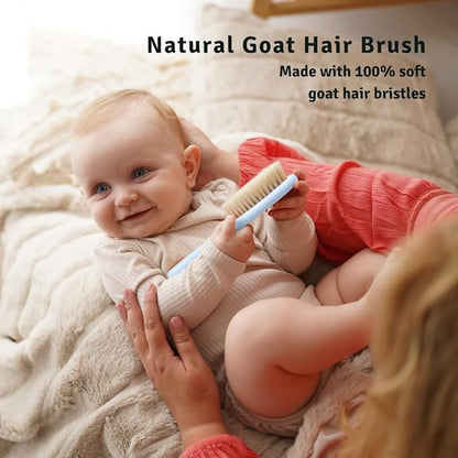 Baby Hair Brush with Soft Goat Bristles - Wooden Cradle Cap Brush for Newborns, Infants, Toddlers, and Kids - Gentle Scalp Grooming and Styling for Baby Girls and Boys (Sky)