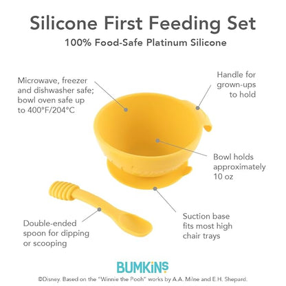 Bumkins Disney Baby Bowl, Silicone Feeding Set with Suction for Baby and Toddler, Includes Spoon and Lid, First Feeding Set, Essentials for Baby Led Weaning for Babies 4 Months Up, Winnie the Pooh