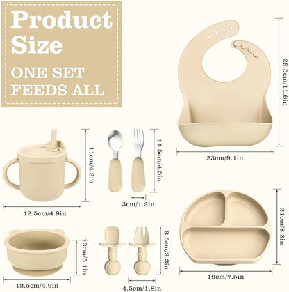 Silicone Baby Feeding Set, Baby Led Weaning Supplies with Suction Bowl Divided Plate, Toddler Self Feeding Dish Set with Spoons Forks Sippy Cup Adjustable Bib, Eating Utensils for 6+ Months(Beige)