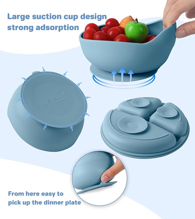 Silicone Baby Feeding Set, 10 Pcs Baby Led Weaning Supplies with Suction Bowl Divided Plate Adjustable Bib Soft Spoon Fork Snack Cup with Lid Drinking Cup, Utensil (Blue)