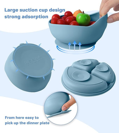 Silicone Baby Feeding Set, 10 Pcs Baby Led Weaning Supplies with Suction Bowl Divided Plate Adjustable Bib Soft Spoon Fork Snack Cup with Lid Drinking Cup, Utensil (Blue)