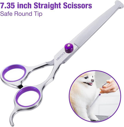 Professional Dog Grooming Scissors with Safety Round Tips, 5 in 1 Dog Grooming Scissors Kit, 4CR Stainless Steel Pet Grooming Shears for Dog, Cat,Sharp and Sturdy, Purple