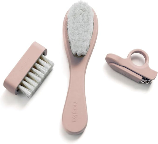 nouka Baby Care Kit Set | Ultra-Soft Natural Bristle Hair Brush, Nail Clippers & Nail Brush | Wood with Silicone Sleeve | Soft Blush