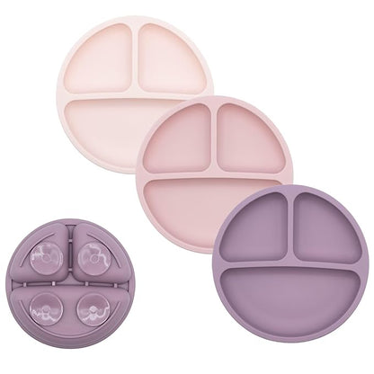 WeeSprout Suction Plates for Babies & Toddlers - 100% Silicone, Dinnerware Stays Put, Divided Design for Picky Eaters, Microwave & Dishwasher Friendly, 3 Pack (Matte Pink, Purple & Blush Pink)