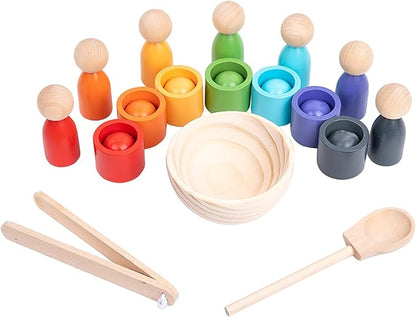Montessori Balls in Cups Wooden Peg Dolls in Cups, Toddler Color Sorting Toys and Matching Game