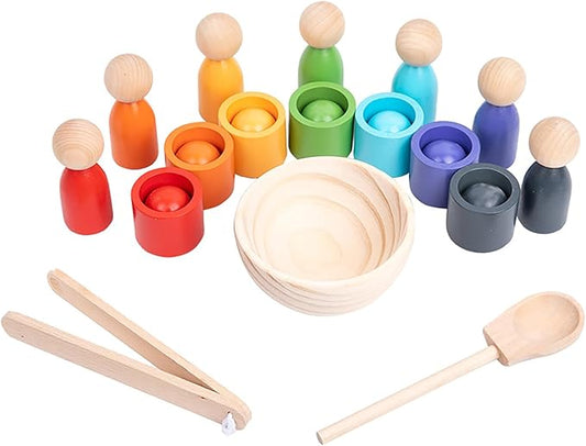 Montessori Balls in Cups Wooden Peg Dolls in Cups, Toddler Color Sorting Toys and Matching Game