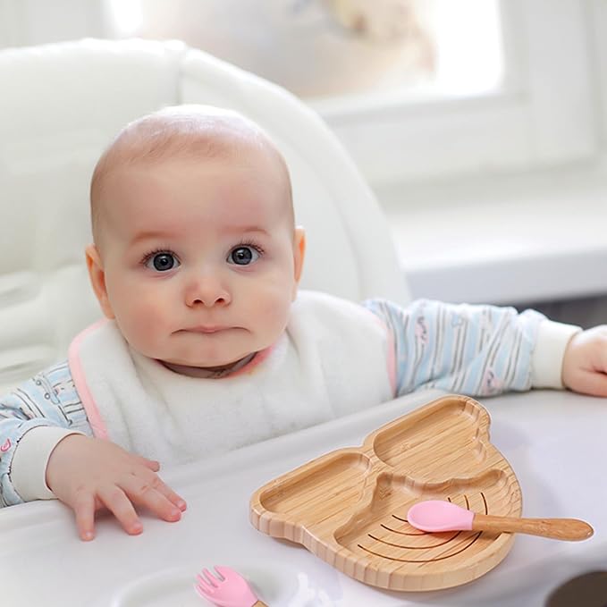 Bamboo Suction Plate for Baby Kid Toddler Plate Spoon Fork Set with Removable Silicone Suction All-Natural Baby Feeding Set for Baby-Led Weaning Fits Feeding High Chair Table