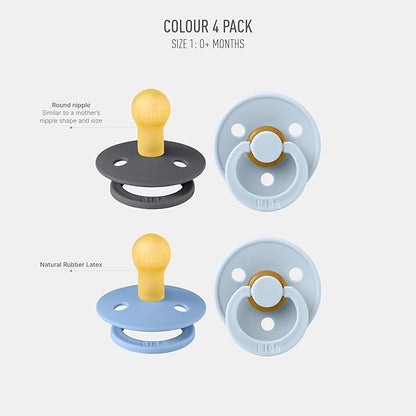 BIBS Pacifiers - Colour 4 Pack | Round Nipple Baby Pacifier 0-6 Months
