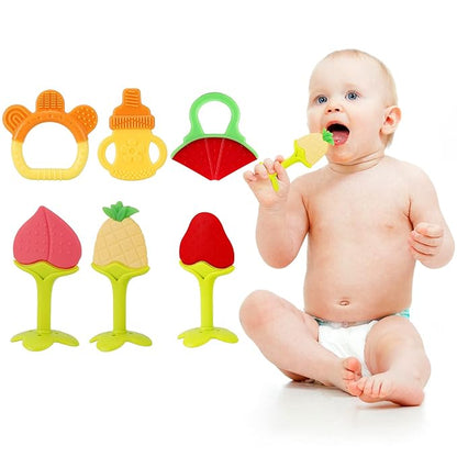 NASHRIO Baby Teething Toys Pack of 6 - Silicone BPA Free Natural Organic Freezer Safe Teethers for Newborn Infant, Soft & Textured