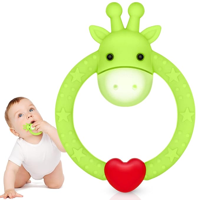 SHARE&CARE BPA Free Silicone Giraffe Baby Teether Toy with Storage Case, for 3 Months Above Infant Sore Gums Pain Relief and Baby Shower