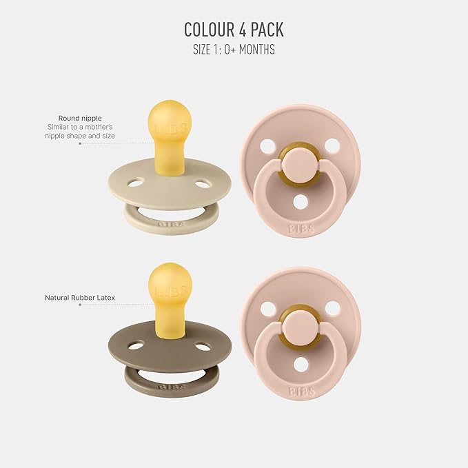 BIBS Pacifiers - Colour 4 Pack | Round Nipple Baby Pacifier 0-6 Months