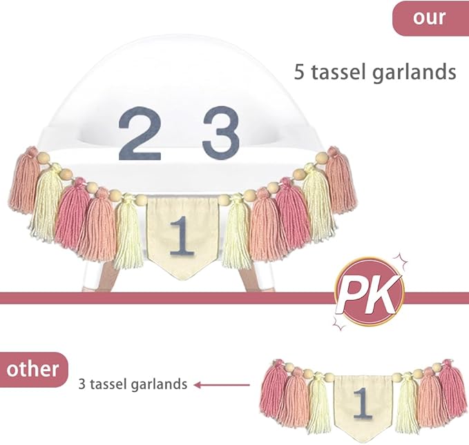 High Chair Banner 1-3st Birthday Decorations Girl- Wood Bead Tassel Garland, Princess Crowns Hat for Baby