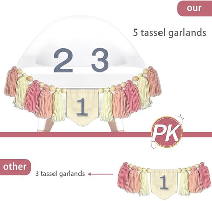High Chair Banner 1-3st Birthday Decorations Girl- Wood Bead Tassel Garland, Princess Crowns Hat for Baby