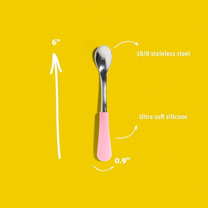 Avanchy Infant Baby Spoons Stainless Steel and Silicone Set, Self Feeding Food Utensils, 4 Months Baby Led Weaning, 2 Pack, Yellow