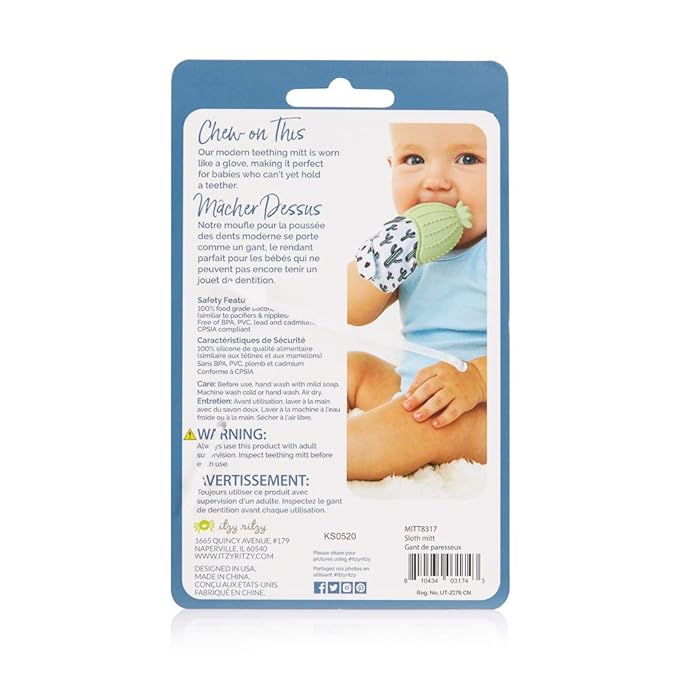 Itzy Ritzy Silicone Teething Mitt - Soothing Infant Teething Mitten with Adjustable Strap, Crinkle Sound & Textured Silicone to Soothe Sore & Swollen Gums 3 Months