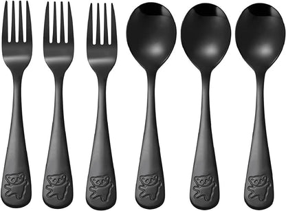 Pimoys 6 Pieces Kids Silverware Stainless Steel Toddler and Child Utensils, Childrens Safe Forks and Spoons Metal Cutlery Set, Engraved Bear, Black