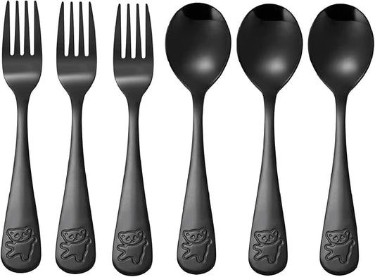 Pimoys 6 Pieces Kids Silverware Stainless Steel Toddler and Child Utensils, Childrens Safe Forks and Spoons Metal Cutlery Set, Engraved Bear, Black