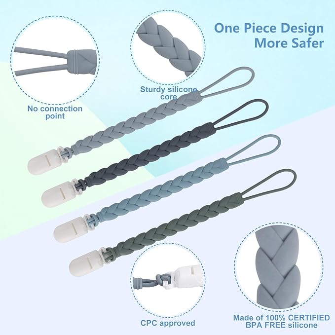 Stylish Silicone Pacifier Clips 4-Pack for Baby Boys and Girls, Woven Rope Flexible Design