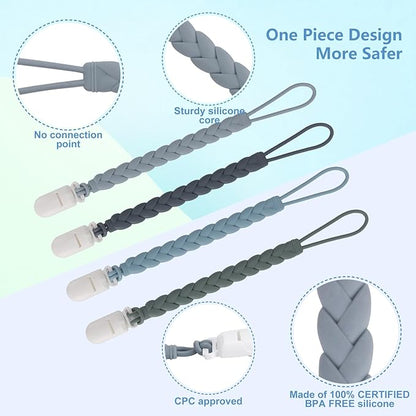 Stylish Silicone Pacifier Clips 4-Pack for Baby Boys and Girls, Woven Rope Flexible Design