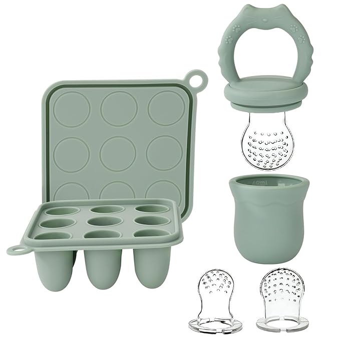 Socub Silicone Baby Fruit Food Feeder & Baby Food Freezer Tray Set, Milk Popsicle Molds for Baby Teething Relief 3 Sizes