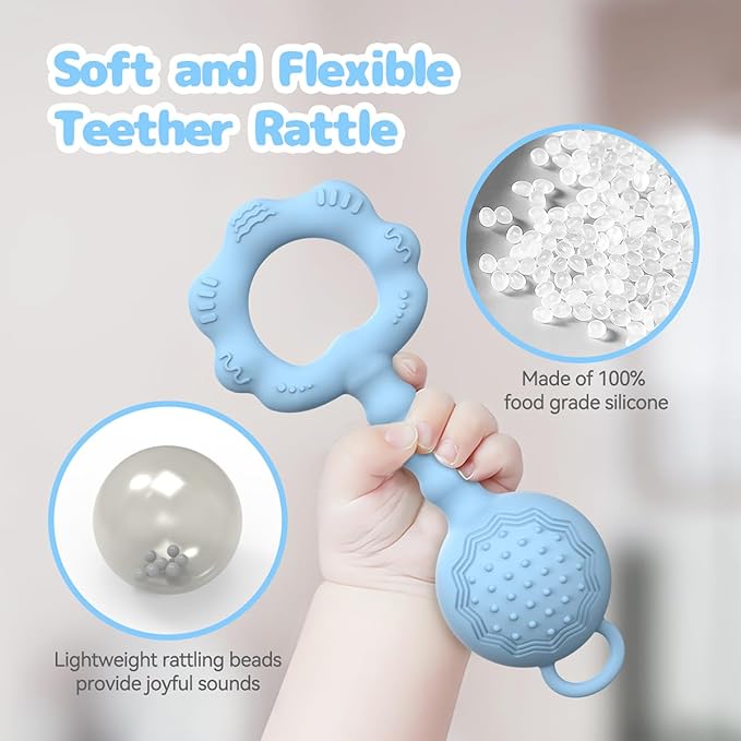 Teethers for Babies 6-12 Months, Rattles for Babies 0-6 Months 2-in-1 Rattle