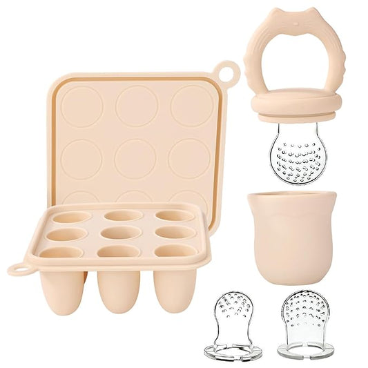 Socub Silicone Baby Fruit Food Feeder & Baby Food Freezer Tray Set, Milk Popsicle Molds for Baby Teething Relief 3 Sizes