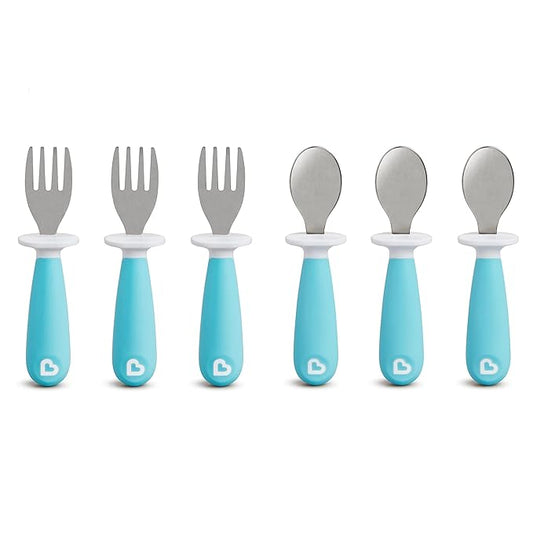 Munchkin® Raise™ Toddler Fork and Spoon Utensil Set, Rest Keeps Tip Off Table, BPA Free, 6 Pack, Blue