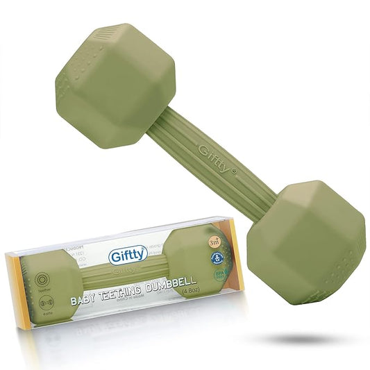 Baby Dumbbell Toy - Silicone Infant Rattle Teething Toy Teether Toddler Sensory Toy Durable Safe Exercises Workout Weight (1pcs -