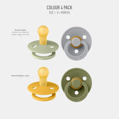 BIBS Pacifiers - Colour 4 Pack | Round Nipple Baby Pacifier 0-6 Months