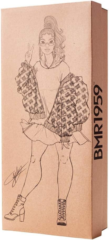 Barbie BMR1959 Fully Poseable Curvy Fashion Doll, Brunette, in Clear Vinyl Bomber Jacket and Floral Hoodie Dress, with Accessories and Doll Stand