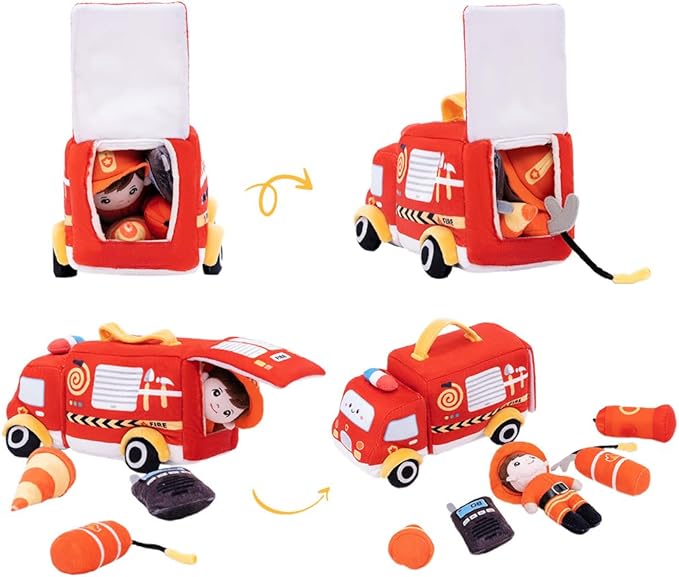 OUOZZZ Firetruck Toys for Toddlers 1-3 - Stuffed Toy Set with Baby Firefighter Doll - Fire Truck Plush Sensory Toy - First Birthday Gift fir Boys 2 Year Old Toys Montessori- Fire Toy for Babies