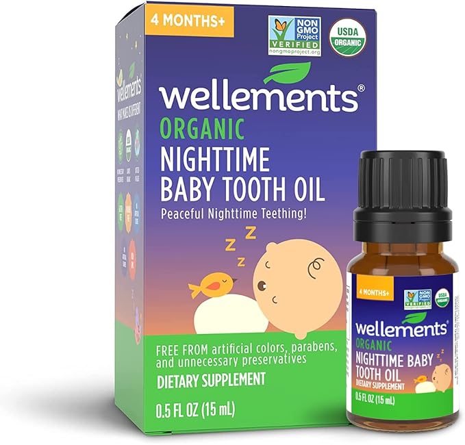 Wellements Organic Nighttime Baby Tooth Oil. Soothing Massage Oil 0.5 Fl 4 Months