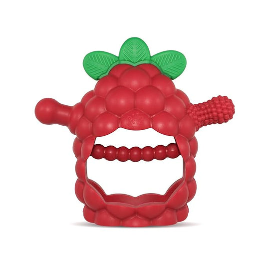 RaZbaby RaZberry Grip Silicone Teether Toy for 3M+ | Drop Resistant Hand Held Teether for Babies and Infants - Designed by Nature with Our Patented BerryBumps Multitextured Design 3M+, Red